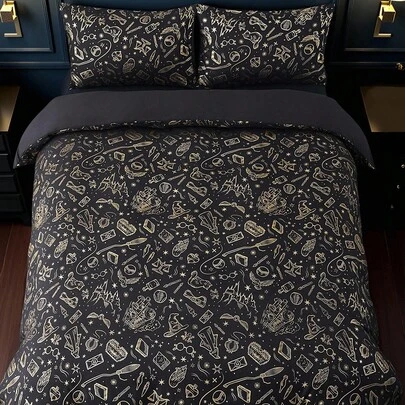 HARRY POTTER X SHEIN 3pcs Metallic Print Duvet Cover Set, Black Duvet Cover, Soft & Cozy, Warm & Machine Washable, Suitable For Twin/Full/Queen/King Size Bed, Dorm/Home