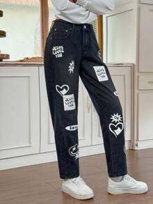 SHEIN EZwear 女式字母和笑脸印花口袋休闲锥形牛仔裤 - 黑色 - 查看 5