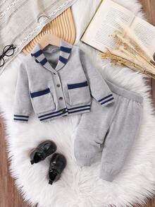 SHEIN Playful Pals 2pcs Baby Boys Knitted Cardigan Sweater & Solid Color Pants Set, Versatile Outfit For Casual Wear, Suitable For Autumn/Winter Fall
