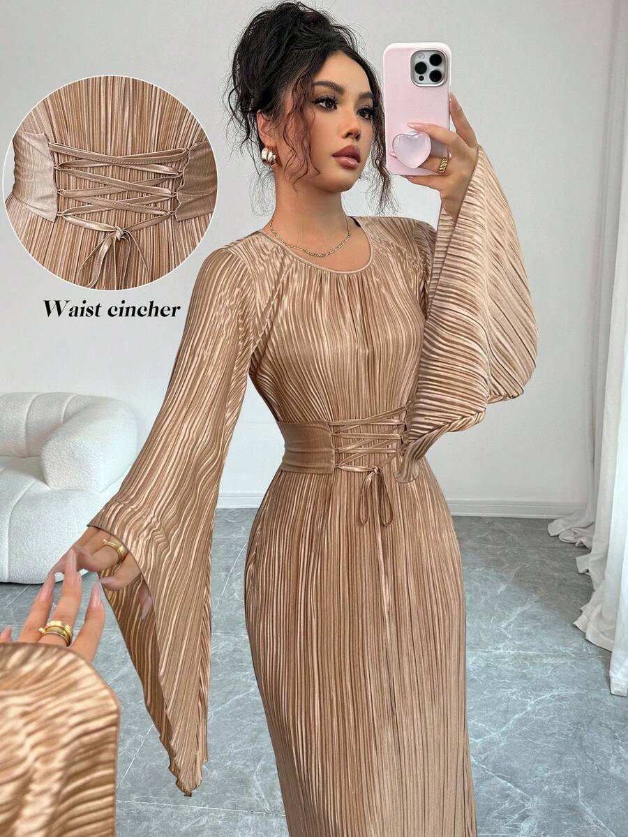 Elenzga 优雅派对纯色喇叭袖连衣裙 - 杏色 - 查看 1