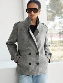 Lumivelle 秋冬时尚通勤双排扣大衣 - 藏蓝色 - 查看 6