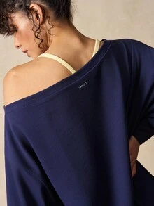 VARSIVA 女式露肩宽松长袖休闲百搭数字图案运动衫 - 藏蓝色 - 查看 10