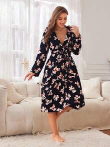 女式黑色简约可爱熊图案长袖长连帽睡袍睡衣夹克 - 黑色 - 查看 3