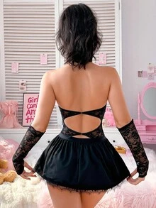 PetitDoll Bộ 4 váy công chúa gợi cảm và ngọt ngào với vải ren chắp vá, satin, dây đeo có thể điều chỉnh, gọng - màu đen - Xem 2