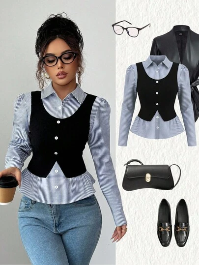 SHEIN Elenzya Blusa elegante de mujer con diseño de cintura ceñida, cuello en V, parches y tela rizada en un estilo sofisticado para el Día de la Independencia y el otoño