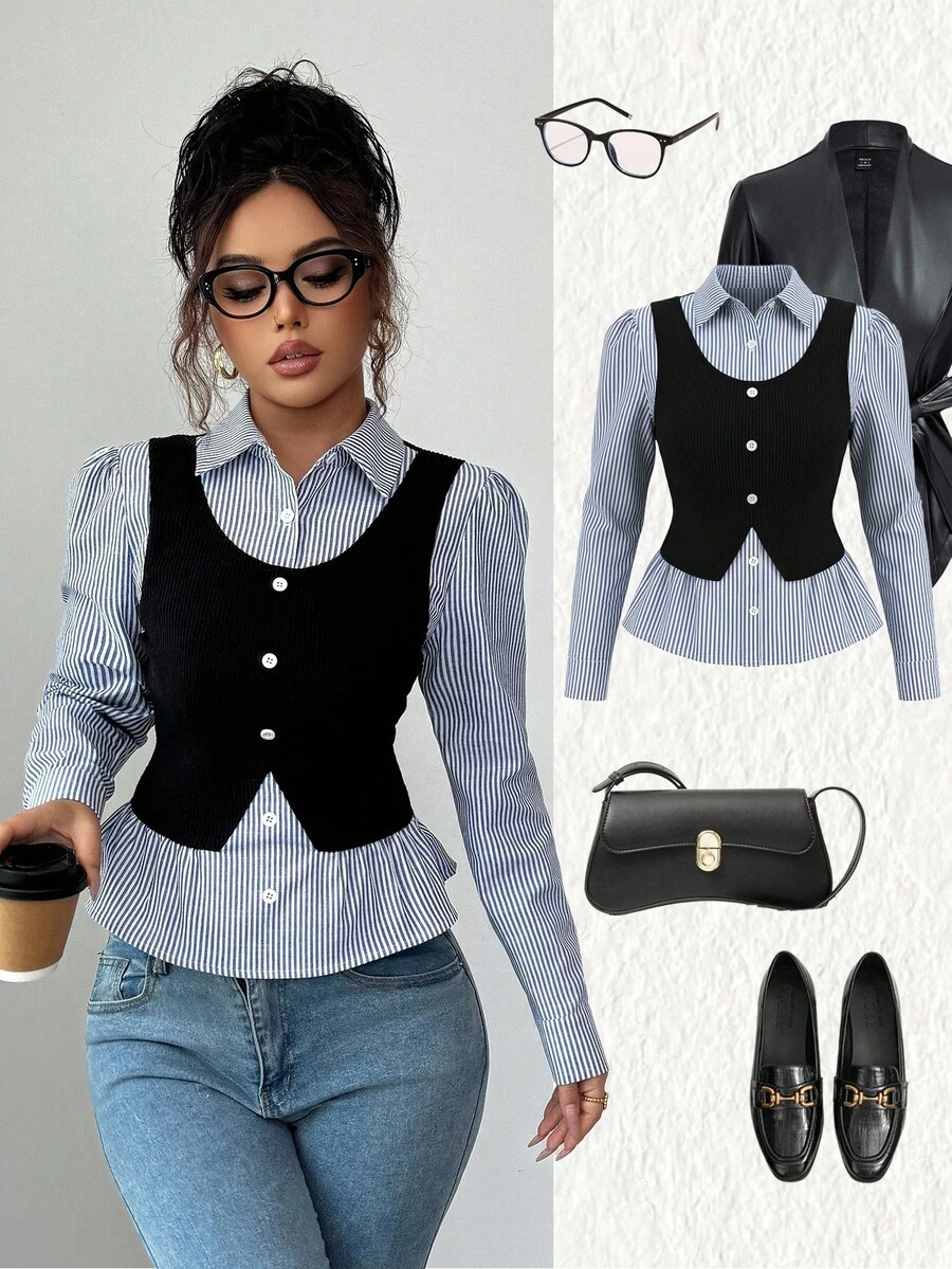 SHEIN Elenzya 女士蓝色罗纹拼接毛绒罗纹面料V领收腰设计优雅教师上衣，精致风格，适合独立日和秋季穿着 - 藍白色 - 查看 1