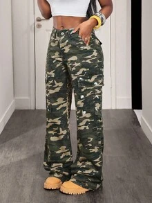BamGleam Camouflage & Leopard Print Patchwork Cargo Jeans For Women - Army Green - View 3
