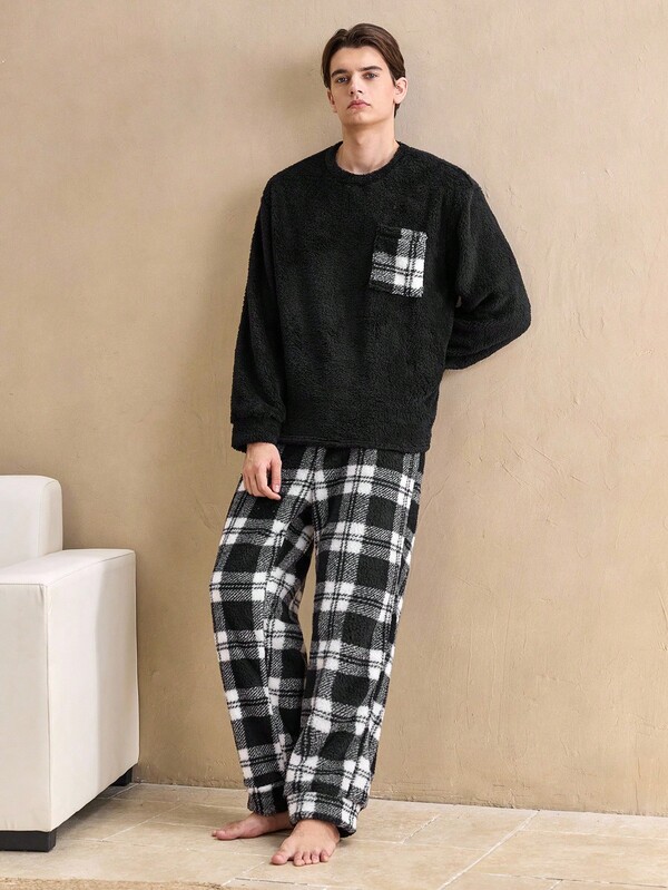 EverLounge 2pcs Autumn/Winter Comfortable Home Vintage Cute Old Coin Casual Relaxed Family Party Lounge Wearable Plaid Coral Fleece Loungewear Set For Men
