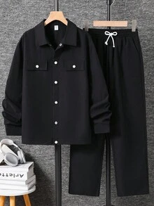 SHEIN Teen Boy Flap Detail Button Up Shirt & Drawstring Waist Pants Fall Winter