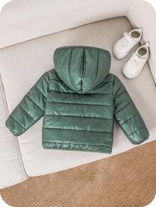 SHEIN Cappotto imbottito con cappuccio, cerniera e fodera termica per bambini maschi, nero, casual, versatile, morbido e confortevole, adatto per giocare nella neve, giacche per bambini piccoli - Verde Scuro - Visualizzare 2