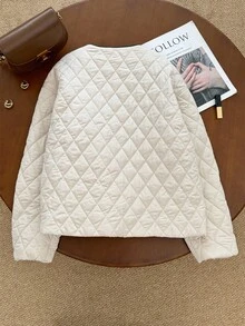 SHEIN Frenchy 女士休闲日常通勤撞色滚边拼布口袋单排扣绗缝夹棉大衣，冬季 - 杏色 - 查看 2