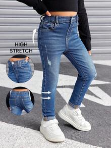 SHEIN بنطلون جينز أزرق مهترئ للفتيات الصغيرات، أنيق للفتيات في ، للفتيات في الخريف والشتاء - أزرق متوسط - مشاهدة 7