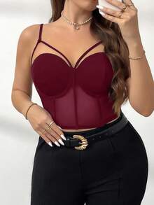 Firerie 大码优雅通勤职场精致高端下午茶微性感约会音乐会派对INS黑色纯色网眼系带镂空设计吊带背心，适合节日新年派对优雅办公室仙女 - 酒紅色 - 查看 7