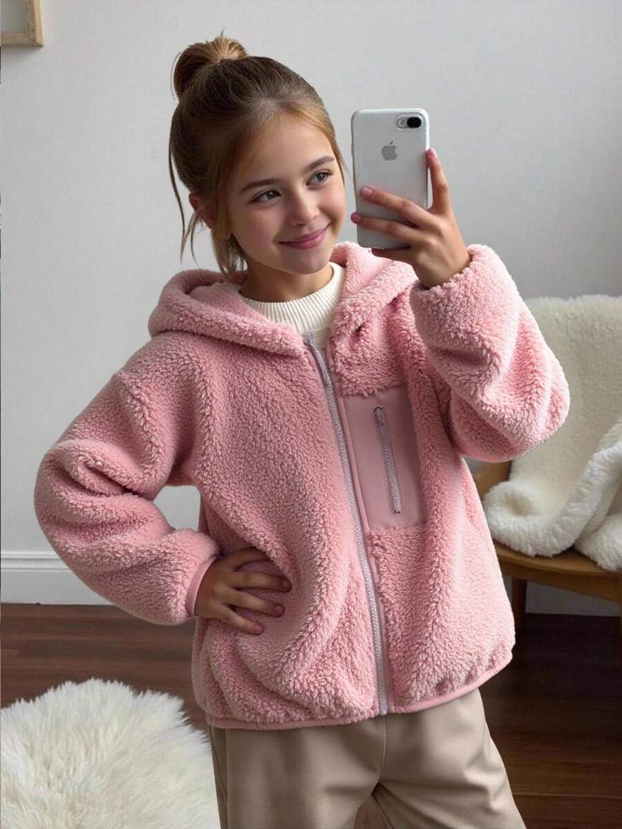 SHEIN 少女休闲户外保暖连帽拉链外套，带口袋，珊瑚粉色，姐妹装外套，秋冬季 - 藕粉色 - 查看 1
