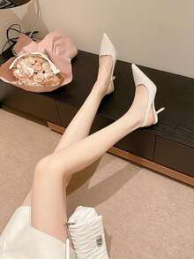 Sandalias francesas con tacón de aguja y punta puntiaguda para mujer, elegantes tacones altos de boca baja para uso diario. - Beis - Ver 4
