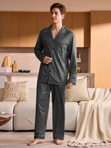 Manfinity Underwear&Sleepwear Basics 2 pièces Ensemble de pyjama à manches longues et pantalon long à motif à carreaux pour hommes de grande taille (confortable et doux pour le port à la maison) - Noir et Blanc - Voir 4