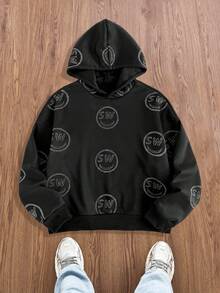 Manfinity VCAY 男士休闲连帽运动衫，带笑脸水钻装饰，高街时尚，适合秋冬 - 黑色 - 查看 5
