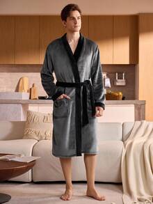 Snug Zone Men's Casual Colorblock Patchwork Belted Bathrobe, Autumn/Winter, Fluffy, Cozy - Dark Grey - View 4