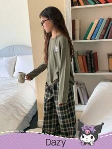 DAZY HELLO KITTY AND FRIENDS | SHEIN 青少年女孩舒适卡通图案长袖上衣和格子裤睡衣套装，秋季 - 綠色 - 查看 2
