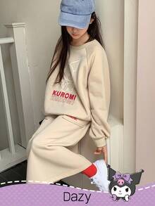 DAZY HELLO KITTY AND FRIENDS | SHEIN 少女圆领针织长袖抓绒卫衣及半裙两件套，秋冬款 - 卡其色 - 查看 1