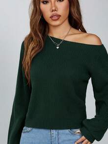 SHEIN PETITE 别致的橄榄绿色罗纹针织露肩长袖套头衫女士常规毛衣绿色毛衣深绿色上衣露肩长袖绿色长袖上衣露肩毛衣女士秋冬装 - 橄欖綠 - 查看 7