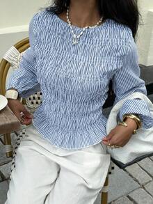 Siren Gaze Christmas  New Year Clothes  Christmas And New Year Red  Women's Fashion Commuter Plaid Lantern Sleeve Blouse Blue Casual Spring - Baby Blue - View 5