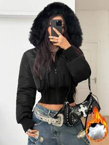 Coolane 女式冬季街头风基本款绗缝大衣（配法兰绒帽） - 黑色 - 查看 5