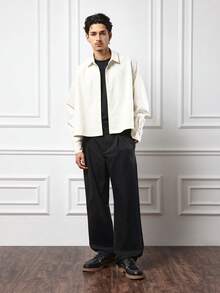 SUMWON 宽松斜纹布裤，前褶经典商务休闲正装裤，办公室穿着，高腰阔腿 - 黑色 - 查看 3