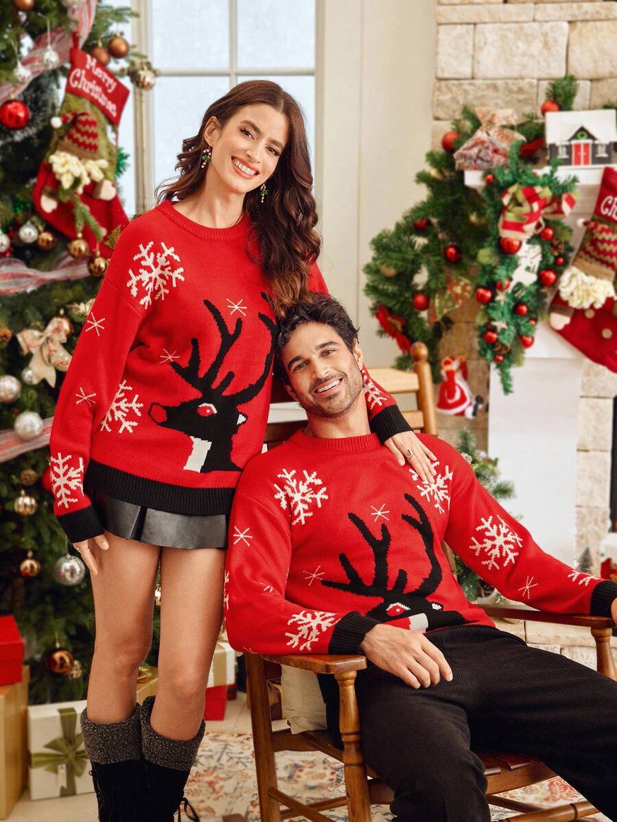 Manfinity VCAY 男士休闲圆领长袖毛衣，饰有鹿、雪景和圣诞元素，适合秋冬穿着 - 彩色 - 查看 1