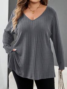 SHEIN CURVE+ Áo thun cổ chữ V viền gân màu xanh cỡ lớn, quần áo thu đông cho nữ, mùa đông, CONG CỠ LỚN/Mùa thu/Mùa đông - Màu xám đen - Xem 4