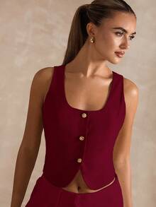 SHEIN BAE Áo vest hở lưng màu trơn gợi cảm thời trang dành cho nữ - Màu Đỏ Sâu - Xem 2