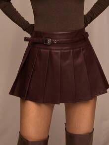 SHEIN BAE Women's Solid Color Waist Buckle Design Pleated PU Leather Fashion Mini Skirt,Brown Skirt - Chocolate Brown - View 4