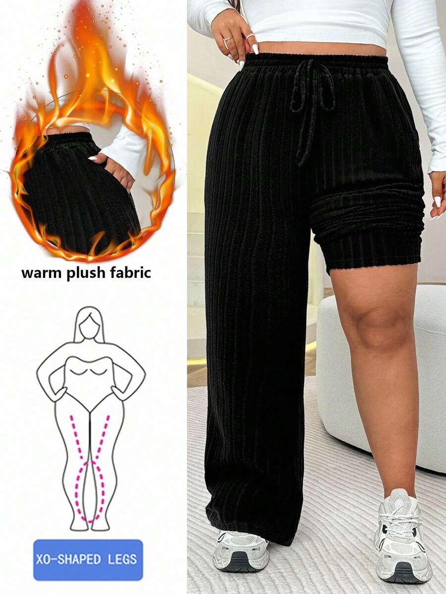 SHEIN EZwear 大码女式休闲纯色罗纹抽绳腰部宽松阔腿裤 - 灰色 - 查看 1