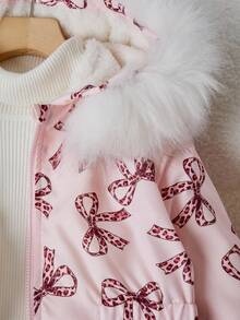 SHEIN 女童连帽毛领棉服，时尚休闲百搭通勤装，适合秋冬外出、购物、旅行，可搭配牛仔裤、运动裤、连帽衫 - 粉色 - 查看 6