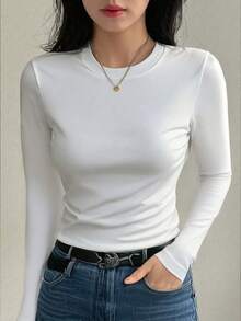 DAZY Áo thun nữ tay ngắn cổ tròn màu trơn - trắng - Xem 3