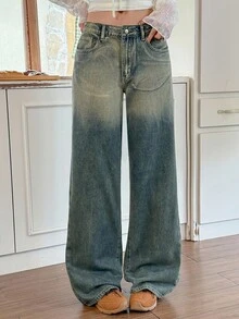 Rivivi 女式休闲阔腿直筒纽扣口袋牛仔裤 - 藍色 - 查看 7