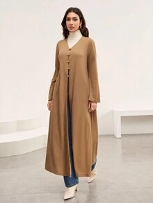 Veilorie Metal Buckle Bell Sleeve Long Sleeve Textured Jacquard Minimalist Casual Long Abayas For Women - Khaki - View 6