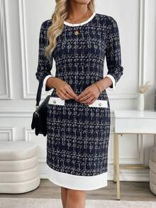 EMERY ROSE Váy vải tuýt thanh lịch tay 3/4 thời trang dành cho nữ - Xanh đậm - Xem 3