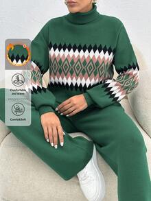 EURMUSE Women's Geometric Pattern High Neck Sweater 2pcs/Set - Multicolor - View 1