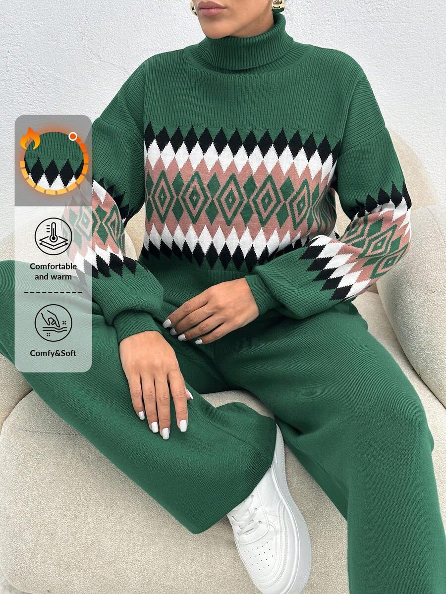 EURMUSE Women's Geometric Pattern High Neck Sweater 2pcs/Set - Multicolor - View 1