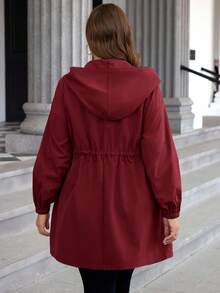 SHEIN LUNE 大码纯色连帽拉链前休闲长袖夹克大码秋装大码冬装大码夹克大码秋装女大衣大红色夹克女式夹克 - 酒紅色 - 查看 2