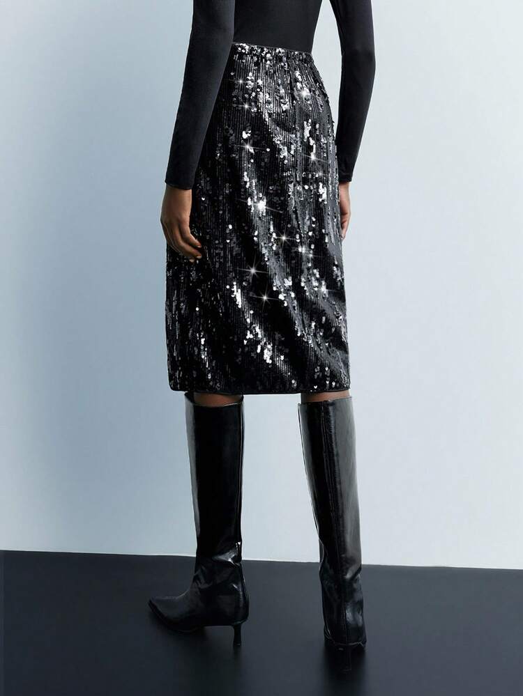 SHEIN Maija Women's Solid Color Sequin Straight Loose Elegant Fashion Skirt Autumn Clothes For Women Halloween Costumes Christmas Women's Clothing  Equin Skirt  Black Skirt  Sequin Skirt