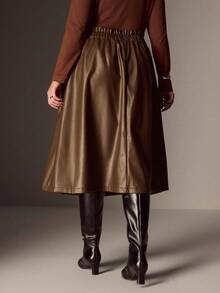 EMERY ROSE Váy nữ cỡ lớn thanh lịch, váy da bóng cổ điển thường ngày, thích hợp để đi làm, trang phục nữ thanh lịch, tiệc trà chiều, váy dự tiệc, phong cách Maillard, cổ điển, trang phục hòa nhạc, toàn màu trắng, trang phục đại học, thu/đông - màu nâu - Xem 2