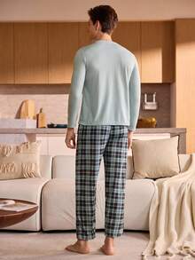 Manfinity Underwear&Sleepwear Basics Teen Boy Solid Color Long Sleeve Top And Plaid Pants Pajama Set, Autumn - Mint Blue - View 2