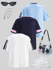SHEIN Explorewe 青少年女孩休闲数字印花短袖T恤，夏季 - 彩色 - 查看 2