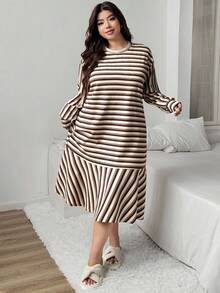 Dazy Plus Plus Size Women Striped Loose Straight Patchwork Ruffle Hem Nightgown, Cozy Outfit, Fall & Winter, Moo Moo Night Dress - Brown - View 4