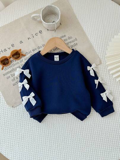 SHEIN Babygirl 可爱百搭海军蓝蝴蝶结长袖卫衣，秋冬