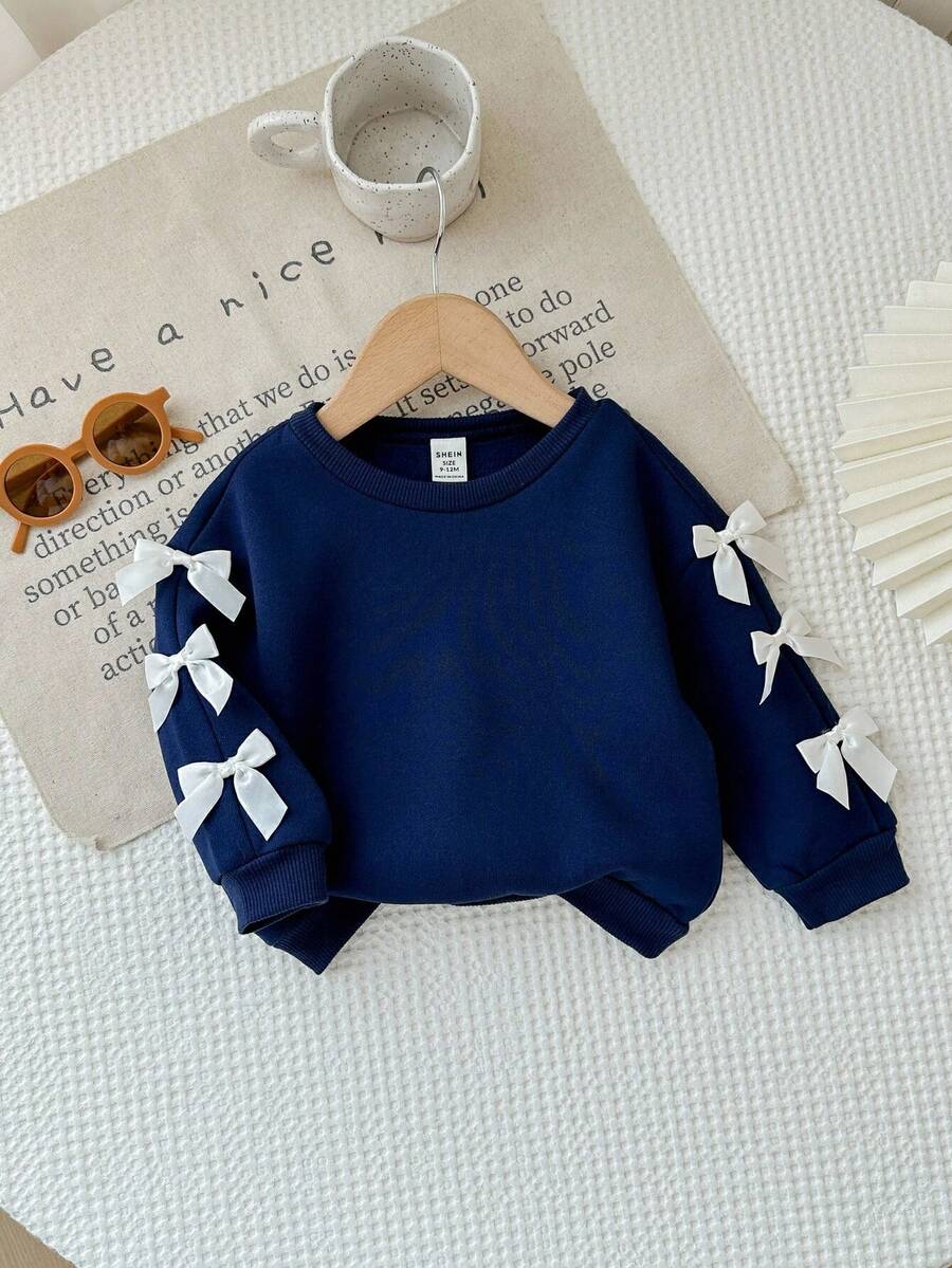 SHEIN Babygirl 可爱百搭海军蓝蝴蝶结长袖卫衣，秋冬 - 藏蓝色 - 查看 1