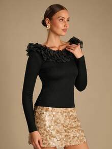 Enchnt 女式纯色网眼拼布荷叶边长袖修身时尚衬衫 - 黑色 - 查看 6