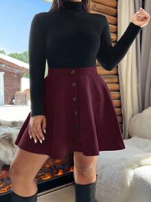 SHEIN EZwear Plus Size Solid Color Wine Red Button Decor A-Line Skirt, Autumn Fall - Burgundy - View 4
